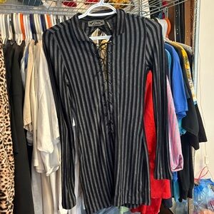 Guess Black and Gray Lace-Up Striped Top